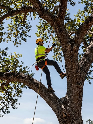Low angle shot of a professional arborist in high-vis gear and helmet, safely pruning a massive coast live oak in bright Santa Clarita sunlight