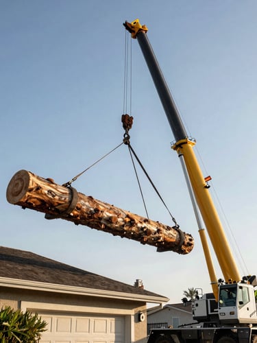 A low-angle shot of a massive mobile crane lifting a heavy pine log safely over a suburban roof, operated by a worker in high-vis safety gear, bright clear morning Southern California light