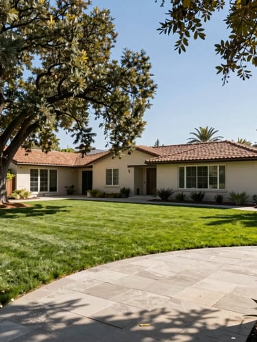 A pristine suburban backyard in Valencia, California, with a perfectly manicured green lawn, a clean swept stone patio, and a beautifully pruned mature oak tree framing the clear sky