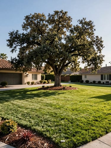 A pristine, manicured suburban lawn in Valencia, Santa Clarita, with a perfectly pruned mature oak tree, clean mulched beds, no debris, bright afternoon Southern California sun