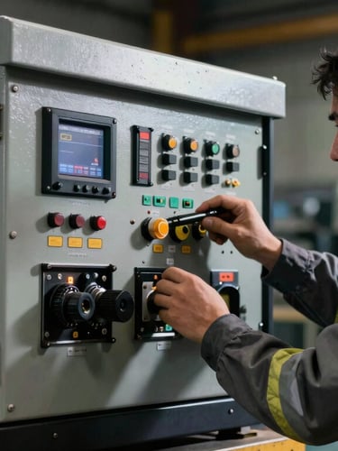 Sharp industrial photography of a field service engineer in safety gear testing a generator control panel, dramatic high-contrast workshop lighting, metallic steel and charcoal tones, 50mm lens