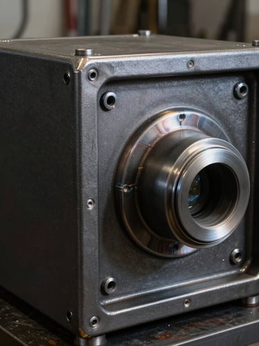 Close-up of a heavy steel acoustic generator enclosure, clean industrial welds, charcoal powder-coated finish, dramatic workshop lighting with metallic reflections