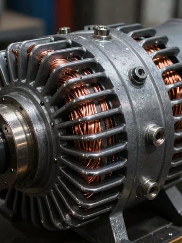 Close-up of copper windings inside a heavy-duty industrial generator alternator, high-contrast workshop lighting, metallic steel reflections