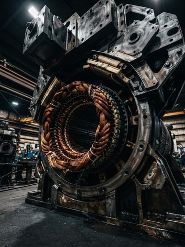 Low-angle dramatic shot of a massive industrial generator assembly on a workshop floor, high-contrast industrial lighting, metallic steel reflections, sharp focus on copper alternator windings
