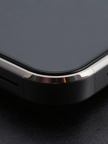 Extreme close-up macro photography of a chamfered grade 5 titanium phone edge, razor sharp rim lighting, deep obsidian shadows, high contrast reflections.
