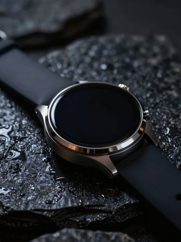 A luxury smartwatch resting on a dark, wet textured stone, dramatic rim lighting highlighting the hand-polished ceramic case and sapphire glass, shallow depth of field.