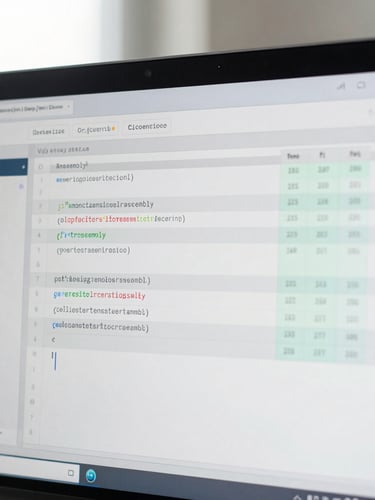 A close-up of an integrated development environment displaying optimized assembly code and compiler register allocation tables, bright natural daylight, cool gray tones