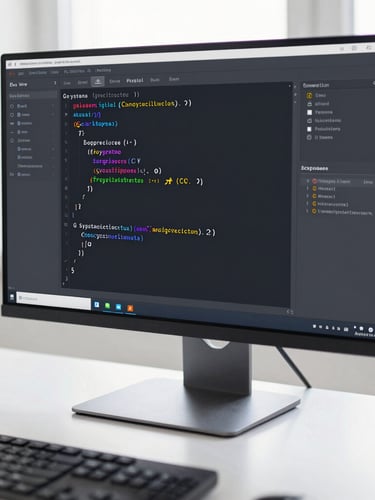 A clean close-up of a code editor displaying a Go system architecture implementation on a sleek dark monitor, bright natural daylight, cool gray tones, shallow depth of field