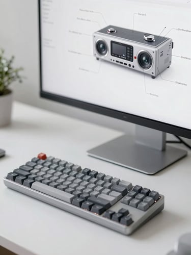 A minimalist desk setup with a mechanical keyboard, a high-fidelity system diagram on a clean monitor, soft natural daylight, shallow depth of field.