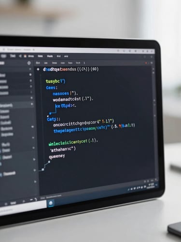 Close-up of a dark-themed code editor with clean TypeScript syntax, high contrast syntax highlighting, electric blue highlights, shallow depth of field