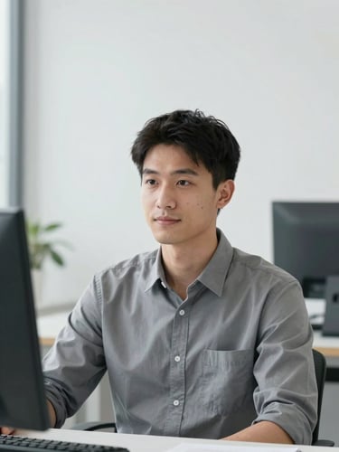 A professional, naturally lit headshot of a young male engineer, clean studio lighting, cool gray tones, sharp focus, neutral background