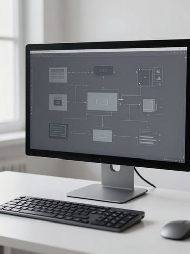 A minimalist desk setup with a high-fidelity system architecture diagram displayed on a sleek monitor, cool gray tones, bright natural daylight, shallow depth of field.