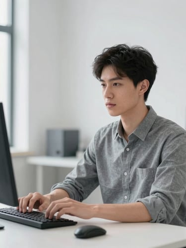 A clean, high-contrast professional portrait of a young male engineer in a bright, naturally lit studio, cool gray tones, minimalist background.