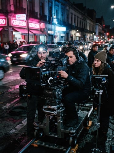 Behind-the-scenes film set in Mexico City at night, neon pink lights reflecting on camera rig, anamorphic framing, 35mm film grain