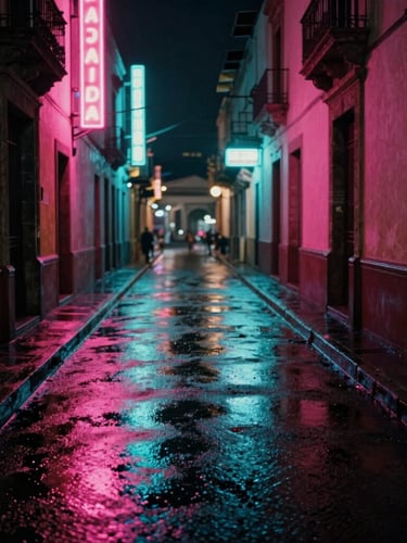 Cinematic wide shot of a neon-lit alley in Mexico City at night, wet asphalt reflecting pink and cyan light, cinematic 35mm film grain, anamorphic lens