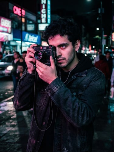 Moody cinematic portrait of a young Mexican filmmaker with a 35mm camera, neon pink and cyan reflections from Mexico City streets at night, rich grain.