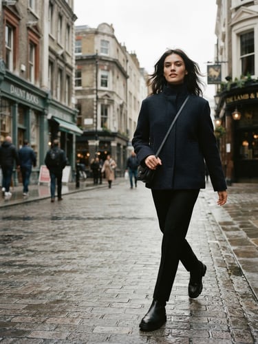 A stylish model wearing a structured, minimalist MOFLIHOON jacket, walking confidently down a cobbled London street under overcast daylight. The jacket's fabric texture is visible, and the model is placed off-center to the right, with architectural buildings in the soft background. Editorial fashion photography, muted neutral tones, high-contrast shadows, 35mm film grain, sharp focus.