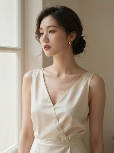 An elegant editorial portrait of a woman in a bespoke cream silk dress, soft natural window light, warm neutral background, 35mm photography