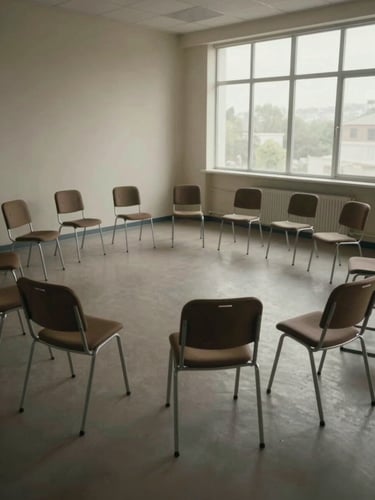 Side-angle environmental wide shot of a group therapy circle — empty chairs arranged in a close ring in a quiet clinical room, overcast light from a high window casting soft even shadows, muted warm gray floor, no people present, calm institutional stillness