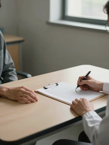 Environmental wide shot: a clinical intake desk seen from slightly above and to the side, a patient's hand resting open on the desk surface near a manila folder, a second hand — the clinician's — holding a pen just above paper. Soft overcast north-facing daylight through an unseen window falls across the desk. Muted warm gray walls, no clutter. The frame is portrait-oriented with generous empty space at top and bottom. No faces visible, no eye contact, no smiles.