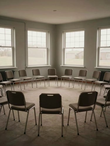 Wide environmental view of an empty group-therapy room, rows of plain chairs arranged in a circle, shot from a low side angle, soft overcast daylight entering through large north-facing windows, muted warm gray walls, no people present, quiet and still
