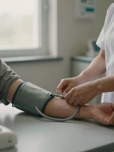 Close environmental shot inside a clinical monitoring room, a nurse's hands adjusting a blood pressure cuff on a patient's forearm resting on a plain clinical surface, soft overcast daylight from a window to the left, muted warm gray tones, no faces visible, documentary stillness