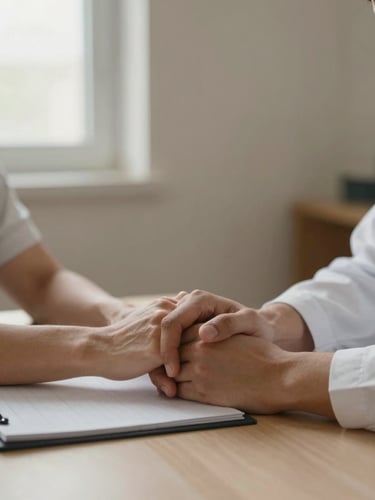 Close environmental shot of a clinical intake consultation — two pairs of hands resting on a plain table, a notepad partially visible, soft overcast light through a side window, muted clay-tone wall behind, no faces, intimate and precise