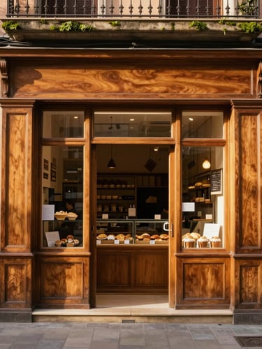 Warm editorial photography, golden-hour natural light, a classic wooden storefront of an old traditional bakery in Barcelona, 35mm