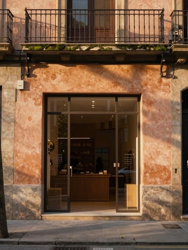 Warm editorial photography of a classic modernist storefront in Barcelona, golden-hour natural light, earthy terracotta tones, 35mm
