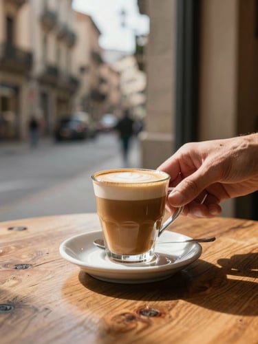 Close-up of hands serving a fresh cortado coffee on a rustic wooden table in a cozy Barcelona cafe, warm morning light, 35mm