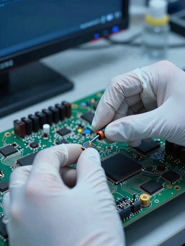 Primer plano extremo de un técnico con guantes antiestáticos manipulando un circuito integrado de un televisor Samsung de alta gama, luz azul técnica de laboratorio.