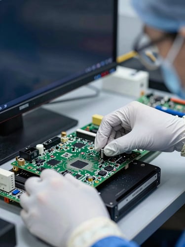 Hands of a technician wearing professional anti-static gear, carefully adjusting a high-end television circuit board, cool technical lighting