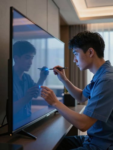 Macro shot of a professional technician in clean uniform calibrating a glowing OLED TV screen inside a modern luxury apartment in Bogotá, cool high-tech blue lighting reflections.