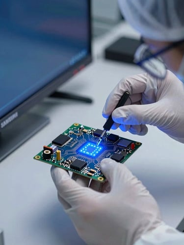 Close-up macro shot of a technician in clean anti-static gear carefully inspecting a glowing blue LED circuit board of a Samsung Smart TV, cool tech lighting.