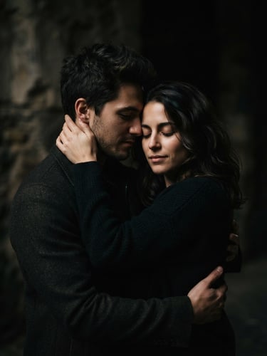 Retrato cinematográfico de una pareja en un abrazo íntimo, luz de clave baja lateral, sombras profundas, fondo oscuro, enfoque nítido, 85mm lens.