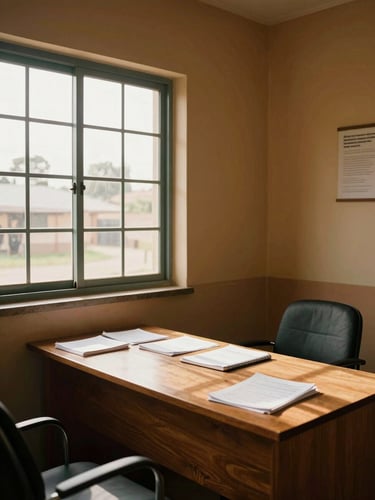 Wide interior of a modest community health office in Maseru, Lesotho — a wooden desk with papers and a notebook, afternoon light falling through a window onto the wall, warm ochre tones, quiet and unhurried atmosphere, no people visible