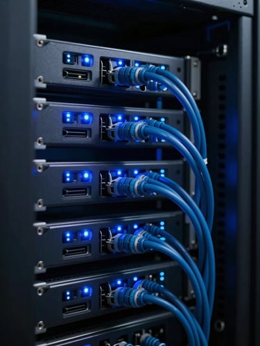 Macro close-up of clean corporate server rack with blue LED status lights, organized cables, dark technical atmosphere, sharp focus, 35mm