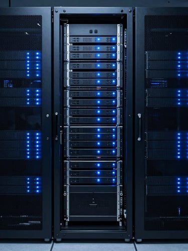 Sleek corporate photography of clean, neatly organized server racks with blue LED indicators, cool low-key lighting, deep midnight blue tones, sharp focus, 35mm