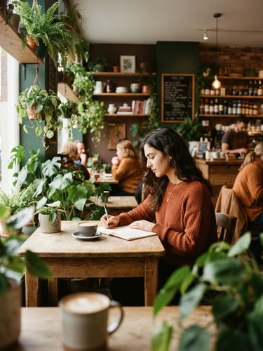 Warm editorial photography of a cozy plant-filled cafe interior, soft window light casting gentle shadows on wooden tables, 35mm