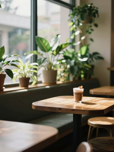 A cozy, plant-filled café interior with warm wooden tables, lush green indoor plants, soft sunlight streaming through a large window, comfortable seating, 35mm.