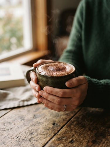 Warm editorial photography of a steaming mug of rich, thick cocoa with frothy chocolate dust, held by hands over a rustic wooden table, soft natural window light, shallow depth of field, 35mm.