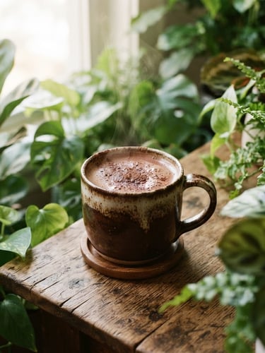 A steaming mug of thick whisked cocoa on a rustic wooden table, surrounded by lush green houseplant leaves, soft morning window light, 35mm photography