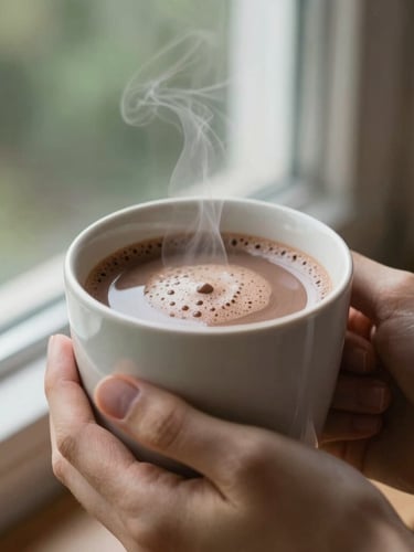 Intimate close-up of hands holding a warm, steaming mug of rich cocoa with thick froth, natural window lighting, shallow depth of field, 35mm