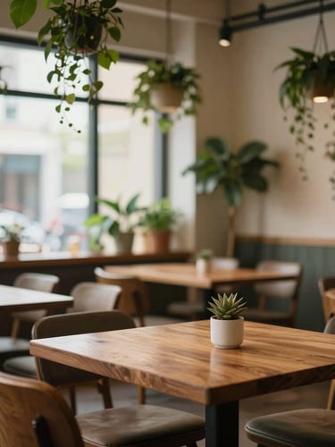 Warm cozy cafe interior with wooden tables, comfortable chairs, and abundant green indoor plants hanging from the ceiling, soft natural window light, 35mm