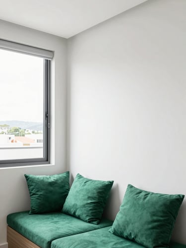 Bright modern studio apartment interior in Varginha, clean white walls, emerald green cushions, natural window light, 24mm lens