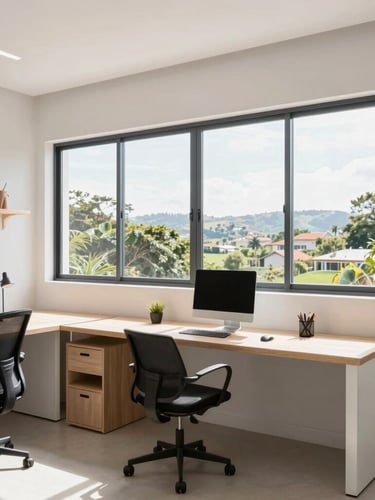 Bright architectural interior photography of a modern furnished studio in Varginha, natural window light, clean workspace, 24mm lens.