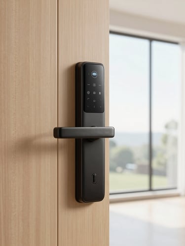 Close-up of premium studio amenities, smart lock on a wooden door, clean modern aesthetic, bright natural light.