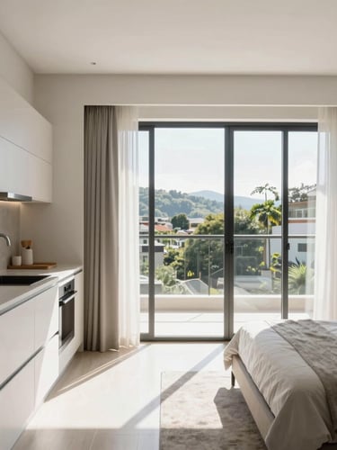 Bright modern studio apartment interior in Varginha, natural daylight streaming through large windows, clean lines, high-end compact kitchen on the left, comfortable bed, 24mm architectural photography.
