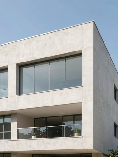 Bright architectural photography of a modern building exterior in Varginha, clean concrete lines, blue sky, soft natural daylight, 24mm lens