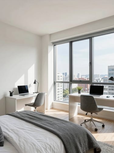 Wide interior shot of a premium studio apartment, showcasing smart layout, comfortable bed, study desk, and large window with natural daylight